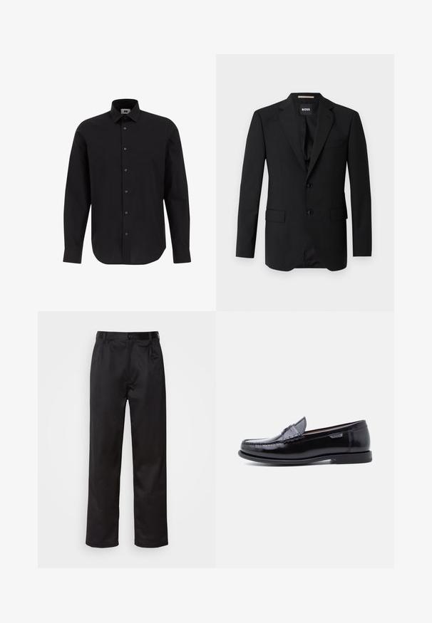 Blazer negro con solapas de muesca, diseño de un solo botón, dos botones y dos bolsillos frontales. Tejido suave y corte entallado.; Camisa negra de manga larga y botonadura frontal, hecha de tejido entrelazado, con cuello clásico, dobladillo recto y botones negros en el frente.; Pantalones negros de tela suave, con cierre delantero de botón, pliegues y patas rectas. Sin patrones ni acentos visibles.; Mocasines de cuero negro con acabado brillante, que presentan un diseño cosido en la puntera y una suela baja de goma negra texturizada.