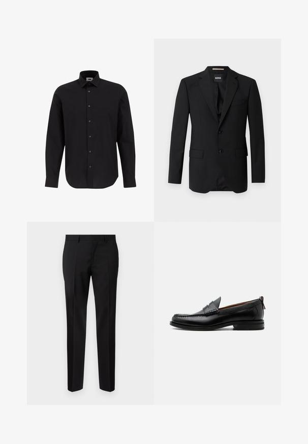 Blazer noir avec revers crantés, design à un bouton, deux boutons et deux poches avant. Tissu lisse et coupe ajustée.; Chemise noire à manches longues, à boutons, en tissu tissé, avec un col classique, un ourlet droit et des boutons noirs sur le devant.; Pantalons noirs ajustés en tissu lisse, présentant une jambe droite, des détails de pli raffinés et une taille classique avec passants de ceinture.; Mocassin homme en cuir noir avec couture moc toe, bride penny, col texturé et petit talon empilé sur fond blanc.