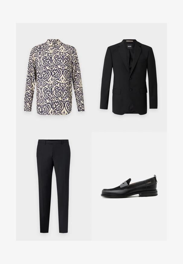 Sort blazer med spidse klapper, enknapsdesign, to knapper og to frontlommer. Glat stof og skræddersyet pasform.; Langærmet skjorte i en cremefarve med indviklede navy blå snoede mønstre, udstyret med krave og knaplukning foran.; Sorte skræddersyede bukser med slim fit, der har flad front, bæltestropper og ingen synlige mønstre eller detaljer. Glat tekstur.; Sort læderloafer med grå remdetalje, lav hæl og tekstureret sål, mærket med "HUGO" i guld på siden.