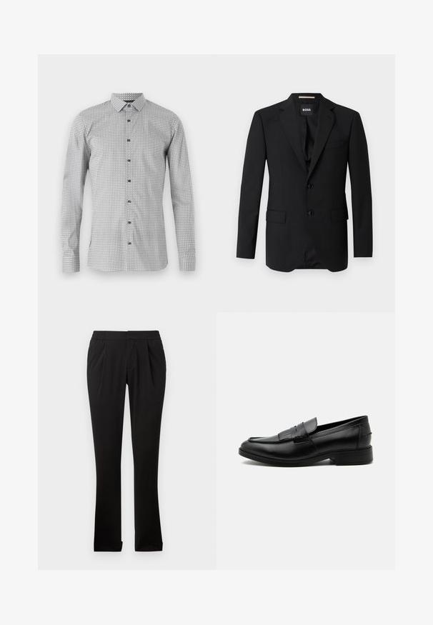 Schwarzes Blazer mit Reverskragen, einreihigem Design, zwei Knöpfen und zwei frontalen Taschen. Glattes Gewebe und taillierte Passform.; Langarmshirt in Weiß und Schwarz mit geometrischem Muster, durchgehende Knopfleiste und klassischem Kragen. Leichter Stoff mit glatter Textur.; Schwarze Hosen aus glattem Stoff mit elastischem Bund, geraden Beinen, vorderen Falten und umgeschlagenen Säumen. Einfaches und vielseitiges Design.; Schwarzer Leder-Herrenloafer mit Quasten-Detail, abgerundeter Spitze, niedrigem Absatz und glatter, polierter Oberfläche, von der Seite auf weißem Hintergrund dargestellt.