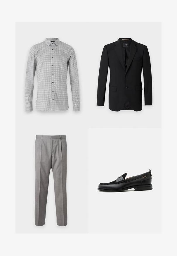 Schwarzes Blazer mit Reverskragen, einreihigem Design, zwei Knöpfen und zwei frontalen Taschen. Glattes Gewebe und taillierte Passform.; Langarmshirt in Weiß und Schwarz mit geometrischem Muster, durchgehende Knopfleiste und klassischem Kragen. Leichter Stoff mit glatter Textur.; Graue, gestreifte Hose mit maßgeschneidertem Schnitt, vorne mit Falten, Gürtelschlaufen und glatter Oberfläche. Gerade Beinform, saubere Säume.; Schwarzer Lederloafer mit grauem Riemendetail, niedrigem Absatz und strukturierter Sohle, seitlich mit „HUGO“ in Gold gebrandmarkt.