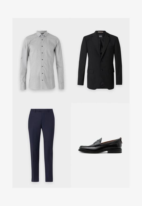 Sort blazer med spidse klapper, enknapsdesign, to knapper og to frontlommer. Glat stof og skræddersyet pasform.; Langærmet skjorte i hvid og sort med geometrisk mønster, knaplukning foran og klassisk krave. Letvægtsstof med glat struktur.; Marineblå skræddersyede bukser med et elegant design, flad front, smalle ben og ingen synlige detaljer eller mønstre. Glat stoftekstur.; Sort læder herre loafer med moc-tå syning, penny strop, struktureret krave og lav stablet hæl på hvid baggrund.