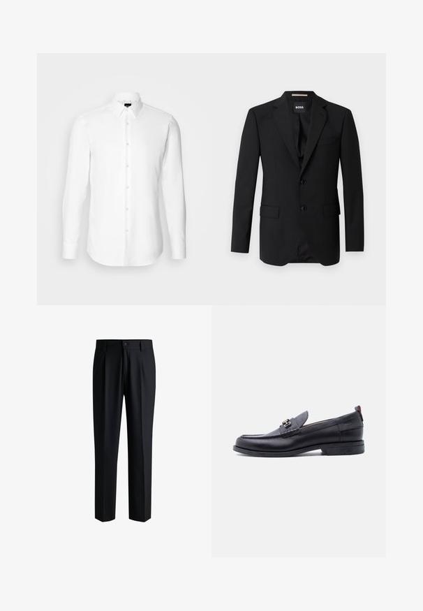 Sort blazer med spidse klapper, enknapsdesign, to knapper og to frontlommer. Glat stof og skræddersyet pasform.; Hvid skjorte med lange ærmer, knaplukning foran, klassisk krave, lavet af glat stof med en subtil tekstur, designet til et tætsiddende udseende.; Sorte bukser lavet af glat stof, med lige ben-design, plisseringer foran og knaplukning med bæltestropper.; Sort lædermokasin med grå tekstureret forfod, sølvfarvet metalspænde, lav hæl og trækflap bagpå.
