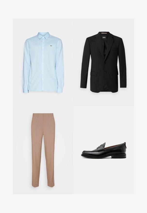 Blazer noir avec revers crantés, design à un bouton, deux boutons et deux poches avant. Tissu lisse et coupe ajustée.; Chemise à manches longues bleu clair en tissu doux, avec un col classique, un devant à boutons et un petit logo vert sur la poitrine.; Pantalon beige sur mesure en tissu lisse et texturé. Coupe droite avec une taille à la taille et sans ornements visibles ni poches.; Mocassin homme en cuir noir avec couture moc toe, bride penny, col texturé et petit talon empilé sur fond blanc.