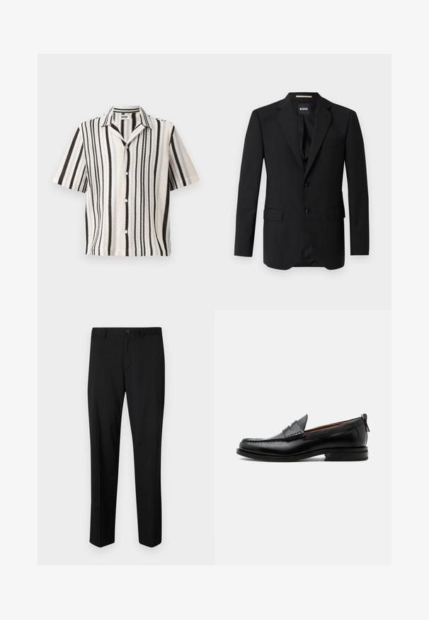 Sort blazer med spidse klapper, enknapsdesign, to knapper og to frontlommer. Glat stof og skræddersyet pasform.; Kortærmet skjorte med vævet struktur, der har skiftende sorte og hvide lodrette striber samt en standard krave. Fem-knaps lukning foran.; Sorte skræddersyede bukser med flad front, standard talje og lige ben. Lavet af glat stof, med en enkelt knaplukning.; Sort læder herre loafer med moc-tå syning, penny strop, struktureret krave og lav stablet hæl på hvid baggrund.
