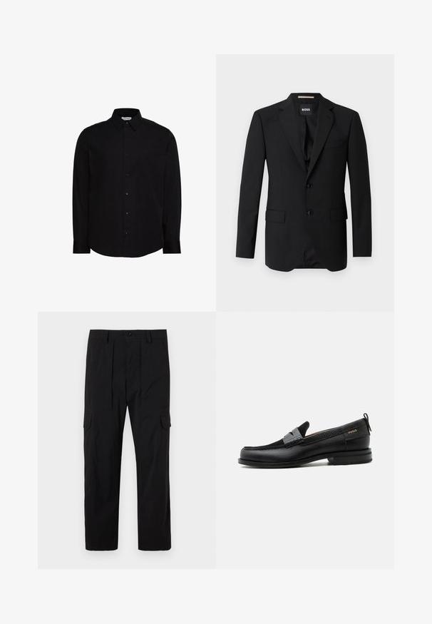 Sort blazer med spidse klapper, enknapsdesign, to knapper og to frontlommer. Glat stof og skræddersyet pasform.; Sort langærmet skjorte med knapper, lavet af glat stof. Har en klassisk krave, frontknaplukning og et lille logo på brystet.; Sorte cargo bukser lavet af letvægtsstof, med lige ben design, frontfald, sidelommer og knaplukning.; Sort læderloafer med grå remdetalje, lav hæl og tekstureret sål, mærket med "HUGO" i guld på siden.
