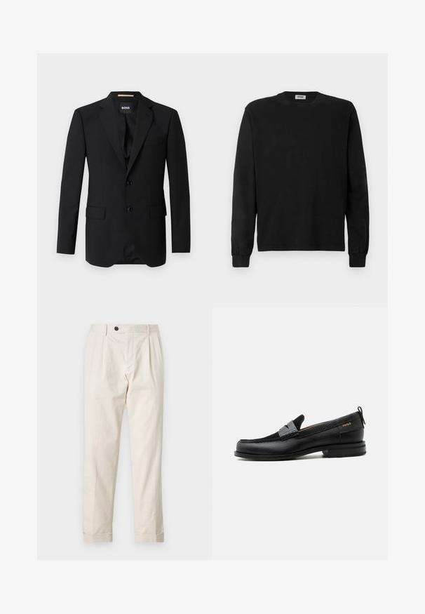 Blazer noir avec revers crantés, design à un bouton, deux boutons et deux poches avant. Tissu lisse et coupe ajustée.; Sweat-shirt noir à manches longues, col rond, avec des poignets côtelés, un devant uni et une petite étiquette de vêtement visible à l’intérieur du col.; Pantalons crème avec une coupe ajustée, présentant une fermeture à un bouton, un devant plissé et des ourlets à revers. Fabriqués en tissu léger.; Mocassin en cuir noir avec détail de bride grise, talon bas et semelle texturée, marqué "HUGO" en or sur le côté.