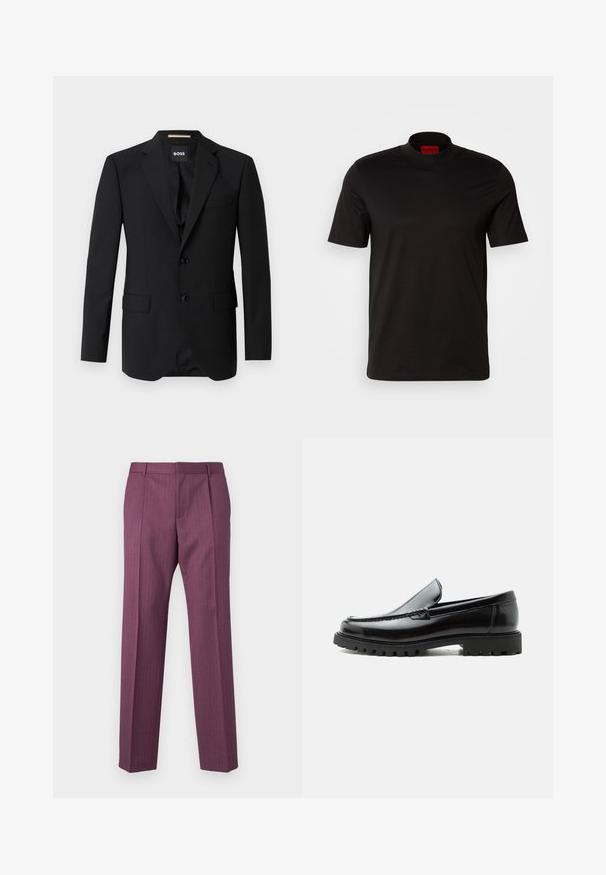 Schwarzes Blazer mit Reverskragen, einreihigem Design, zwei Knöpfen und zwei frontalen Taschen. Glattes Gewebe und taillierte Passform.; Schwarzes T-Shirt mit kurzen Ärmeln und hohem Kragen. Hergestellt aus glattem Stoff. Verfügt über ein rotes Markenlabel am inneren Kragen.; Lila, gestreifte Hose mit geraden Beinen, taillierter Passform und Fronttaschen. Hergestellt aus leichtem Material, mit Gürtelschlaufen und Bügelfalte.; Schwarzer Lederloafer mit grober Gummisohle, genähter Oberseite und geprägtem Markennamen an der Ferse, seitlich auf weißem Hintergrund gezeigt.