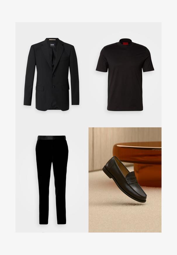 Schwarzes Blazer mit Reverskragen, einreihigem Design, zwei Knöpfen und zwei frontalen Taschen. Glattes Gewebe und taillierte Passform.; Schwarzes T-Shirt mit kurzen Ärmeln und hohem Kragen. Hergestellt aus glattem Stoff. Verfügt über ein rotes Markenlabel am inneren Kragen.; Schwarze Samthosen mit tailliertem Schnitt, glatter Textur und passendem Bund. Verfügt über gerade Beine und Seitentaschen.; Schwarzer Leder-Loafer, der über einem hellbeigen Teppich schwebt, mit bernsteinfarbenen modernen Möbeln im Hintergrund.