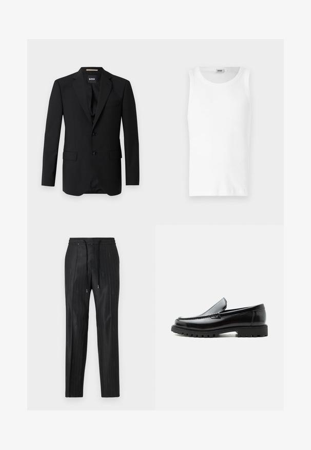 Blazer negro con solapas de muesca, diseño de un solo botón, dos botones y dos bolsillos frontales. Tejido suave y corte entallado.; Camiseta sin mangas de algodón blanco con cuello redondo y una textura suave. Diseño sencillo, sin patrones ni acentos.; Pantalones negros de rayas finas hechos de una tela elegante, con una cómoda cinturilla elástica y detalles de cordón. Presentan un discreto logotipo.; Mocasín de cuero negro con suela de goma gruesa, empeine cosido y nombre de la marca en relieve en el talón, mostrado en perfil lateral sobre fondo blanco.
