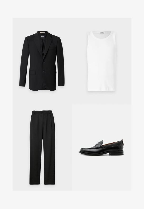 Blazer negro con solapas de muesca, diseño de un solo botón, dos botones y dos bolsillos frontales. Tejido suave y corte entallado.; Camiseta sin mangas de algodón blanco con cuello redondo y una textura suave. Diseño sencillo, sin patrones ni acentos.; Pantalones negros con un patrón texturizado, que presentan una cintura ancha con un botón y pliegues delanteros para un ajuste entallado. Diseño de pierna recta.; Mocasín de hombre de piel negra con costura moc toe, tira penny, cuello texturizado y tacón bajo apilado sobre fondo blanco.