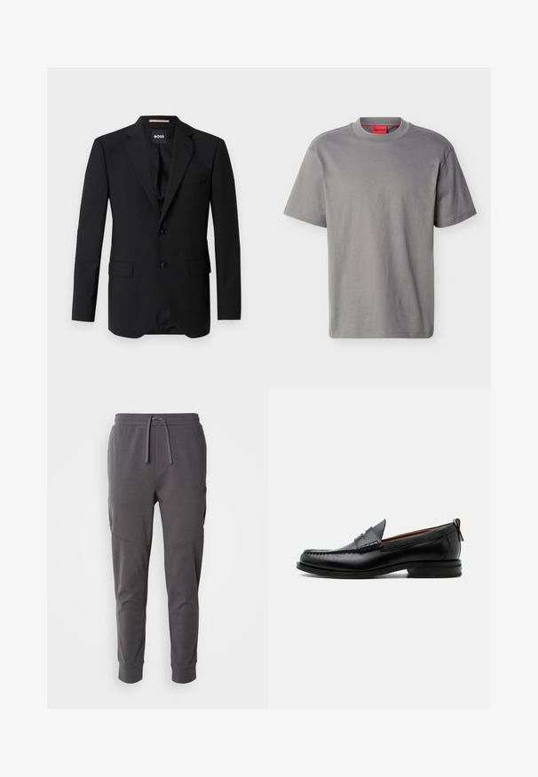 Sort blazer med spidse klapper, enknapsdesign, to knapper og to frontlommer. Glat stof og skræddersyet pasform.; Grå T-shirt med korte ærmer og rund hals med diskret "HUGO" logo centreret på brystet og rødt mærke med brandnavn indvendig i kraven.; Grå joggebukser lavet af blød stof med snor i taljen, har sidelommer og et tapered ankel design.; Sort læder herre loafer med moc-tå syning, penny strop, struktureret krave og lav stablet hæl på hvid baggrund.