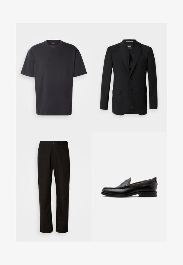 Blazer negro con solapas de muesca, diseño de un solo botón, dos botones y dos bolsillos frontales. Tejido suave y corte entallado.; Camiseta de algodón de manga corta negra, con un cuello redondo y un sutil logo en el cuello. Textura suave y corte holgado.; Pantalones de algodón negros con corte recto, presillas para el cinturón, cremallera frontal y un solo botón de cierre. Textura suave sin patrones visibles.; Mocasín de hombre de piel negra con costura moc toe, tira penny, cuello texturizado y tacón bajo apilado sobre fondo blanco.
