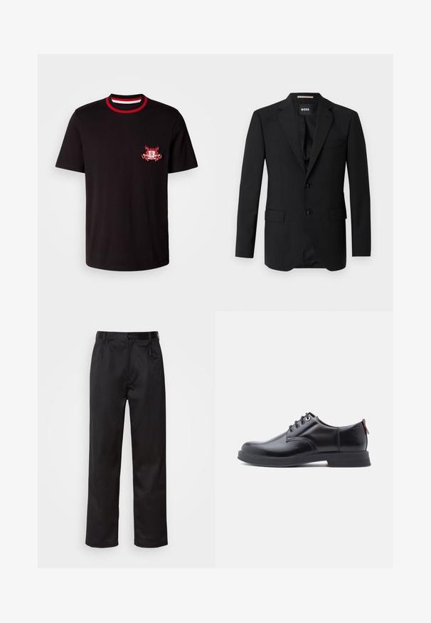 Blazer negro con solapas de muesca, diseño de un solo botón, dos botones y dos bolsillos frontales. Tejido suave y corte entallado.; Camiseta de algodón negra con un cuello redondo acanalado en rojo y blanco. Tiene un logotipo bordado en rojo y blanco en el lado izquierdo del pecho.; Pantalones negros de tela suave, con cierre delantero de botón, pliegues y patas rectas. Sin patrones ni acentos visibles.; Zapatos de piel negra con cordones, textura lisa, puntera redondeada y detalles sutiles de costura. Cuentan con una lengüeta roja en el talón.