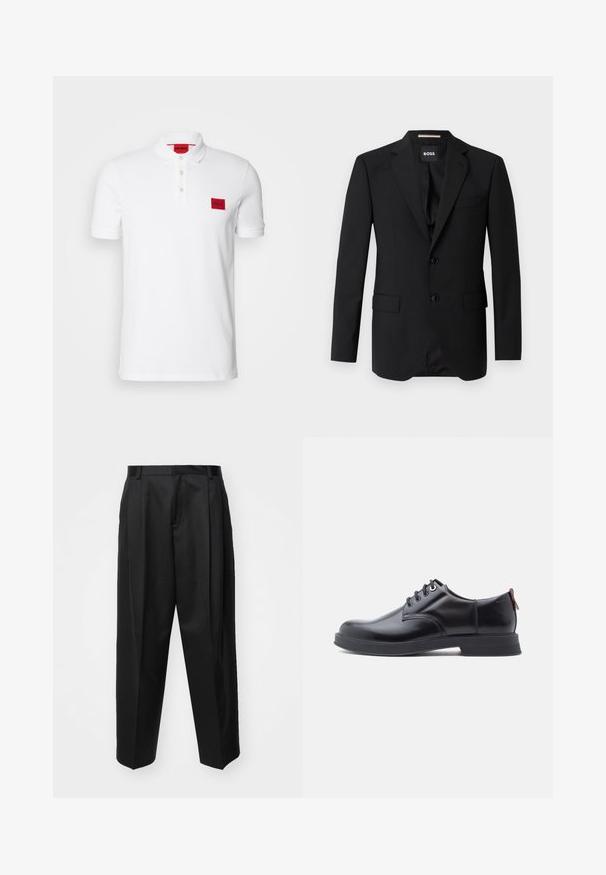 Blazer negro con solapas de muesca, diseño de un solo botón, dos botones y dos bolsillos frontales. Tejido suave y corte entallado.; Camisa polo blanca de algodón, con un ribete de tres botones, mangas cortas y un parche de logo rectangular rojo en el lado izquierdo del pecho.; Pantalones negros ajustados con cintura alta, perneras anchas y pliegues marcados. Fabricados en un tejido suave con trabillas para el cinturón y sin hardware visible.; Zapatos de piel negra con cordones, textura lisa, puntera redondeada y detalles sutiles de costura. Cuentan con una lengüeta roja en el talón.