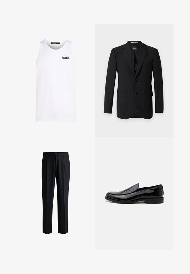 Schwarzes Blazer mit Reverskragen, einreihigem Design, zwei Knöpfen und zwei frontalen Taschen. Glattes Gewebe und taillierte Passform.; Weißes Tanktop aus Baumwolle mit rundem Halsausschnitt. Mit einem schwarzen Logodruck auf der Brust. Einfaches Design und ärmelloser Stil.; Schwarze Hose aus glattem Stoff, mit geradem Bein-Design, Falten vorne und einem Knopfverschluss mit Gürtelschlaufen.; Schwarzer glänzender Lederslipper mit niedrigem Absatz und abgerundeter Spitze, seitlich auf weißem Hintergrund betrachtet.