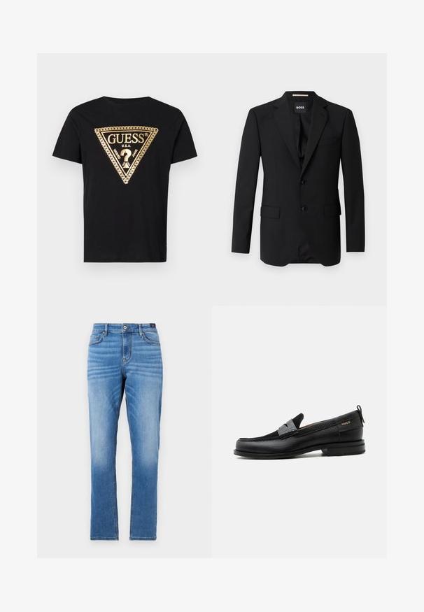 Čierny blazer s výstrihom do V, jednoradovým zapínaním, dvoma gombíkmi a dvoma prednými vreckami. Hladká tkanina a prispôsobený strih.; Guess CHAIN - Tričko s potlačou - jet black; Svetlo modré džínsy s rovnom strihom, päť vreckovým dizajnom, predným zapínaním na gombík a jemným vyblednutím na stehnách.; Čierny kožený mokasín so sivým remienkom, nízkym podpätkom a textúrovanou podrážkou, so značkou "HUGO" v zlatej farbe na boku.