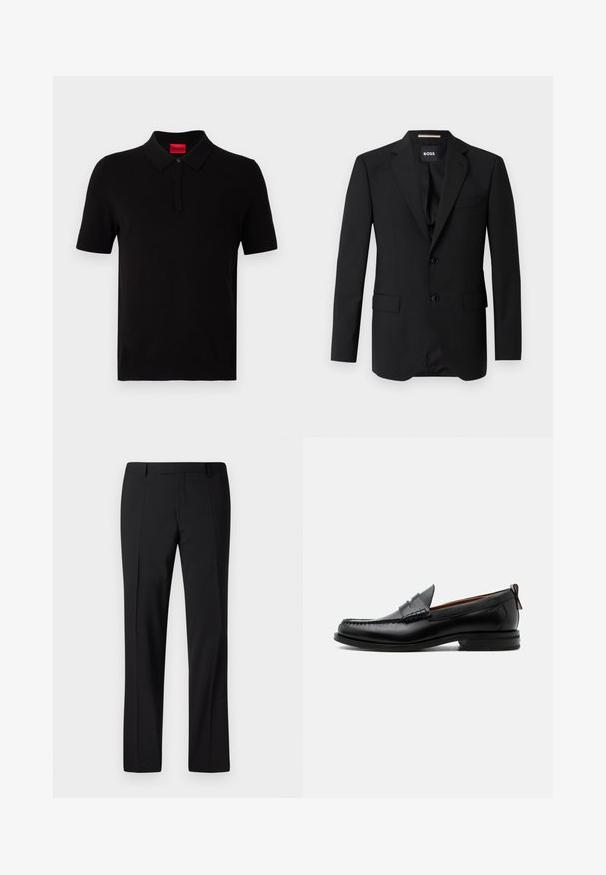Blazer negro con solapas de muesca, diseño de un solo botón, dos botones y dos bolsillos frontales. Tejido suave y corte entallado.; Camisa polo negra hecha de algodón suave. Presenta un cuello clásico, mangas cortas y una etiqueta roja en el escote. Sin patrones ni adornos.; Pantalones negros ajustados con un diseño de pierna recta, que presentan una textura suave, pliegues frontales y una cinturilla clásica para un aspecto formal.; Mocasín de hombre de piel negra con costura moc toe, tira penny, cuello texturizado y tacón bajo apilado sobre fondo blanco.