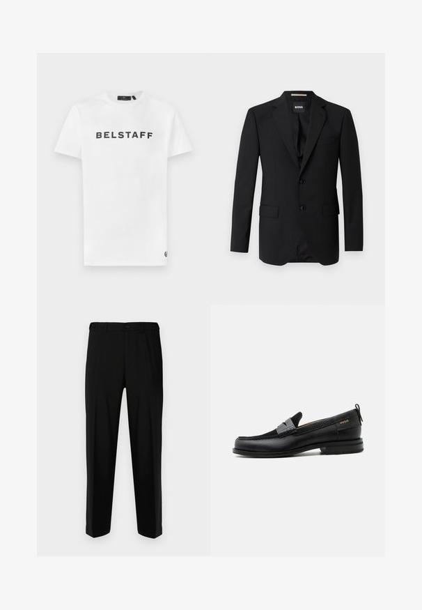 Sort blazer med spidse klapper, enknapsdesign, to knapper og to frontlommer. Glat stof og skræddersyet pasform.; Hvid bomulds t-shirt med et sort "BELSTAFF" logo på forsiden. Klassisk crew neck og korte ærmer med en lille logodetalje på kanten.; Sorte bukser lavet af glat stof, med lige snit, to forlommer og lynlås med knaplukning.; Sort læderloafer med grå remdetalje, lav hæl og tekstureret sål, mærket med "HUGO" i guld på siden.