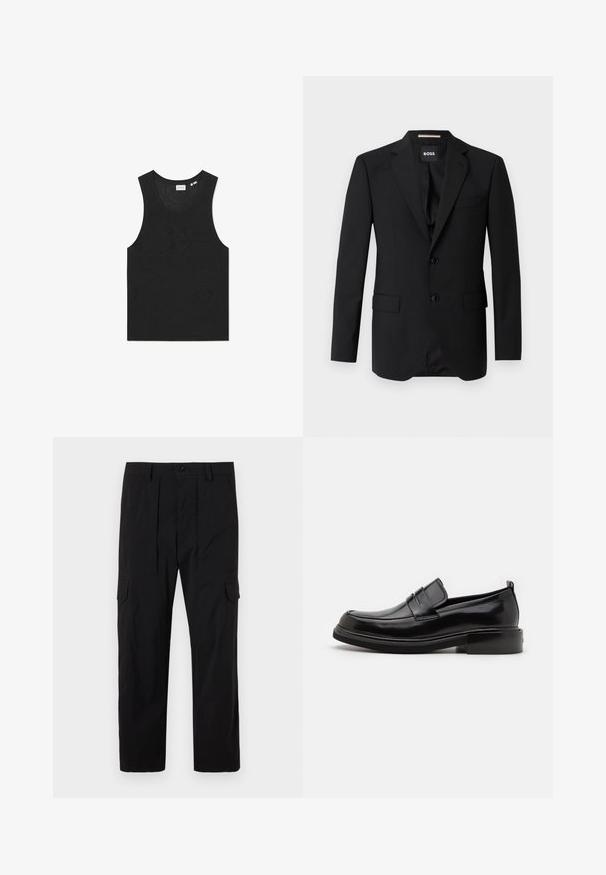Sort blazer med spidse klapper, enknapsdesign, to knapper og to frontlommer. Glat stof og skræddersyet pasform.; Sort tanktop med et tekstureret mønster, uden ærmer og rund halsudskæring. Fremstillet af let strikmateriale.; Sorte cargo bukser lavet af letvægtsstof, med lige ben design, frontfald, sidelommer og knaplukning.; Calvin Klein MOCCASIN - Business loafers - black
