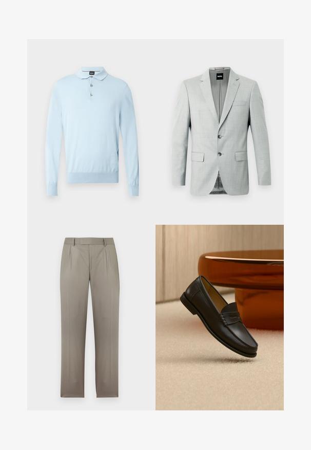 Lys grå blazer med to knapper, reverskrave og forlommer. Glat stof med et subtilt mønster indeni. Mærketikette synlig.; Lyseblå pullover med lange ærmer, en flad krave og en lukning med tre knapper. Fremstillet af blødt materiale med en tætsiddende pasform og ribbet kant.; Lysebrune skræddersyede bukser med bæltestropper, forreste læg og lige ben, vist mod en hvid baggrund.; Sort læder loafer-sko hængende over beige tæppe med ravfarvet moderne møblement i baggrunden.