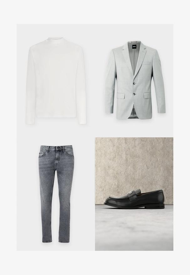 Blazer gris clair avec deux boutons, revers crantés et poches avant. Tissu lisse avec un motif subtil à l'intérieur. Étiquette de la marque visible.; T-shirt blanc uni à manches longues avec un col rond haut, présenté de face sur un fond clair.; Jean slim gris en denim avec cinq poches, fermeture à bouton, et texture délavée, présenté sur un fond blanc.; Mocassin en cuir noir avec une plaque de marque en métal reposant près d'une table ronde marron sur un sol recouvert de moquette beige.