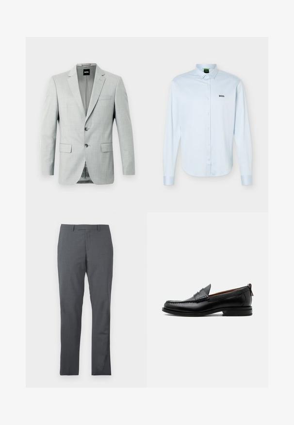 Blazer gris claro con dos botones, solapas de muesca y bolsillos frontales. Tejido suave con un patrón sutil en el interior. Etiqueta de la marca visible.; Camisa azul claro de manga larga con botones y cuello, logo negro "BOSS" en el lado izquierdo del pecho y puños con botones.; Pantalones de vestir grises con una tela suave y texturizada. Diseño slim fit, con delantero liso y sin adornos ni bolsillos visibles.; Mocasín de hombre de piel negra con costura moc toe, tira penny, cuello texturizado y tacón bajo apilado sobre fondo blanco.