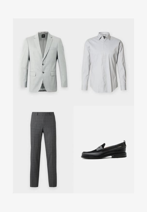 Lys grå blazer med to knapper, reverskrave og forlommer. Glat stof med et subtilt mønster indeni. Mærketikette synlig.; Lysegrå herreskjorte med lange ærmer, knapper foran, spids krave og manschetter med enkeltknap på ensartet hvid baggrund.; Gråternet bukser med en skræddersyet pasform, der har en glat tekstur, lige ben og subtile sydetaljer.; Sort læderloafer med grå remdetalje, lav hæl og tekstureret sål, mærket med "HUGO" i guld på siden.