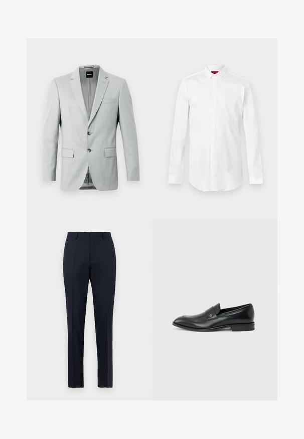 Lichtgrijze blazer met twee knopen, met een notch revers en voorzakken. Soepele stof met een subtiel patroon aan de binnenkant. Merklabel zichtbaar.; Witte lange mouwen overhemd met een spitse kraag en verborgen knoopsluiting, weergegeven tegen een effen lichte achtergrond.; Marineblauwe op maat gemaakte heren pantalon met subtiel ruitpatroon, riemlussen en voorplooien, frontaal weergegeven op een witte achtergrond.; Zwarte leren herenslipper met lage hak, afgeronde neus en klein metalen logo op het riempje, zijaanzicht tegen een effen achtergrond.