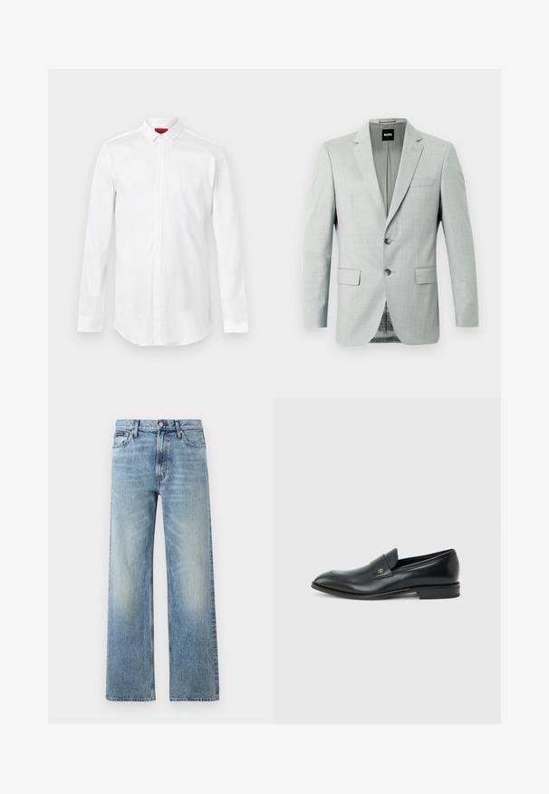 Blazer gris clair avec deux boutons, revers crantés et poches avant. Tissu lisse avec un motif subtil à l'intérieur. Étiquette de la marque visible.; Chemise blanche à manches longues avec col pointu et patte de boutonnage cachée, présentée sur un fond clair uni.; Jean droit en denim bleu clair avec taille haute, cinq poches, fermeture à boutons et léger délavage sur les cuisses et les genoux.; Mocassin pour hommes en cuir noir avec talon bas, bout arrondi et petit logo métallique sur la bride, présenté en profil latéral sur un fond uni.