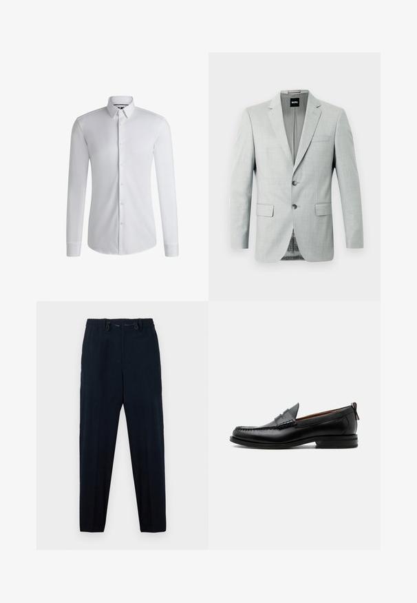 Blazer gris claro con dos botones, solapas de muesca y bolsillos frontales. Tejido suave con un patrón sutil en el interior. Etiqueta de la marca visible.; Camisa blanca de manga larga hecha de tejido suave, con un cuello abotonado y una fila de botones en la parte delantera. Diseño simple.; Pantalones azul marino con cintura elástica y cordón. Diseño de pierna recta, con una textura suave y sin patrones visibles.; Mocasín de hombre de piel negra con costura moc toe, tira penny, cuello texturizado y tacón bajo apilado sobre fondo blanco.