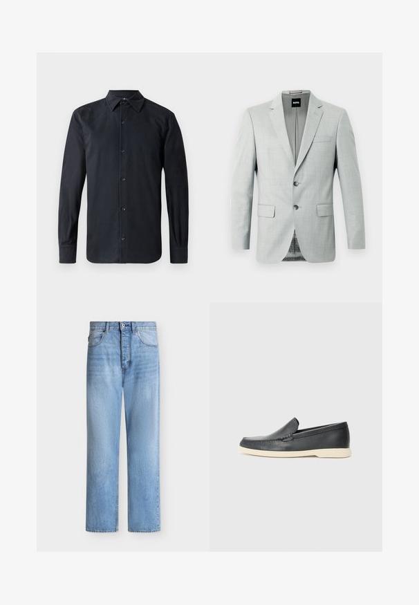 Lys grå blazer med to knapper, reverskrave og forlommer. Glat stof med et subtilt mønster indeni. Mærketikette synlig.; Sort langærmet skjorte med standard krave, frontlukning med knapper, lavet af glat stof, med lige pasform og med knaplukning ved ærmerne.; Lyseblå straight-leg denim jeans med knap- og lynlåslukning, for- og baglommer samt bæltestropper i taljen.; Sort læder slip-on loafer med beige sål, placeret i luften nær et metaltrådstativ til magasiner på en terrazzo-gulv.