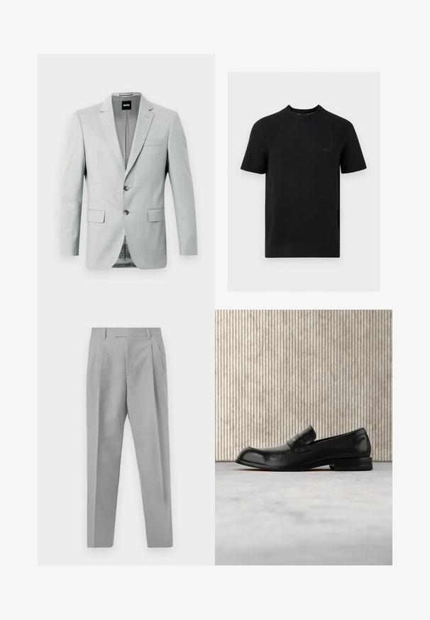Blazer gris clair avec deux boutons, revers crantés et poches avant. Tissu lisse avec un motif subtil à l'intérieur. Étiquette de la marque visible.; T-shirt noir à manches courtes et col rond avec des panneaux texturés subtils et un petit logo embossé « BOSS » sur la poitrine gauche.; Pantalon gris clair ajusté avec une jambe droite, un devant plissé et une texture de tissu lisse. Conçu avec une silhouette classique et minimaliste.; Mocassin en cuir noir avec un accent métallique, présenté en lévitation au-dessus d'un tapis beige, avec une table ronde de couleur ambre en arrière-plan.