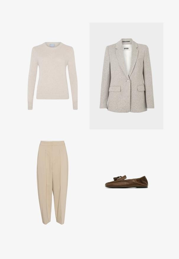Hellgrauer Blazer mit strukturierter Stoffqualität, ausgestattet mit einem Reverskragen, einreihiger Knopfleiste und zwei Vordertaschen. Schlichtes, strukturiertes Design.; Style Republic Strickpullover - sand; Beige maßgeschneiderte Hose mit hoher Taille, gefaltetem Vorderteil und schmal zulaufendem Bein. Der Stoff wirkt glatt mit einem dezenten Glanz. Keine sichtbaren Taschen.; Brauner Lederschuh zum Hineinschlüpfen mit rundem Zehenbereich, elastischem Fersenbereich, Quastenverzierung und flacher schwarzer Sohle.