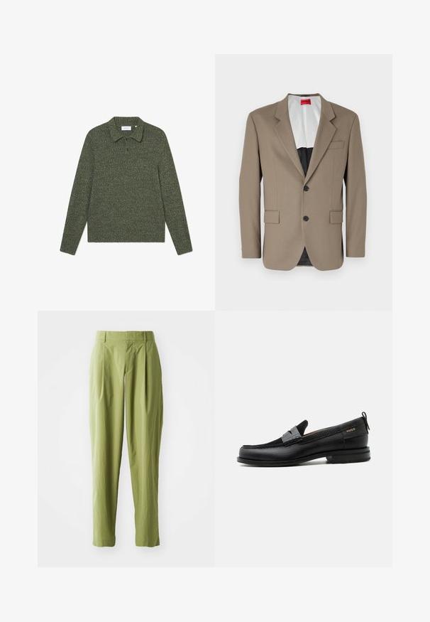Blazer marrón hecho de tejido texturizado, con un diseño de un solo botón, dos bolsillos frontales y solapas con muesca. Forro en colores contrastantes.; Suéter de punto verde con cuello tipo polo, mangas largas y un patrón texturizado. Presenta un cierre de dos botones y un sutil logo.; Pantalones verdes claros hechos de una tela texturizada, con una forma recta, pliegues en la parte frontal y una cinturilla estándar.; Mocasín de cuero negro con detalle de tira gris, tacón bajo y suela texturizada, con la marca "HUGO" en oro en el lateral.