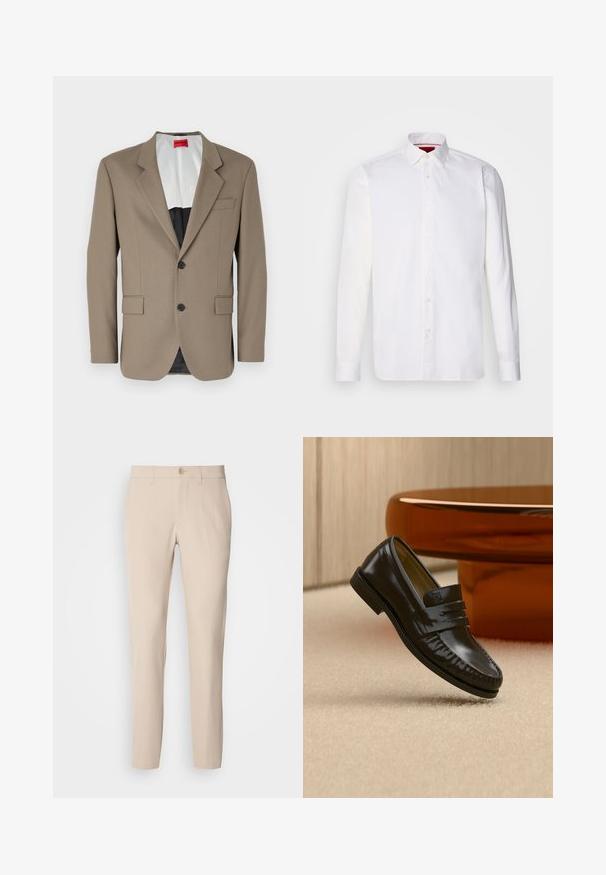 Bruine blazer gemaakt van gestructureerde stof, met een enkele rij knopen, twee voorzakken en een gelobde revers. Voering in contrasterende kleuren.; Witte overhemd met lange mouwen van katoen, met een klassieke kraag, een voorkant met knopen en een gladde textuur. Rode details aan de binnenkant van de kraag.; Beige broek van zachte stof, met knoopsluiting, rechte snit en zijzakken. Glad oppervlak met minimale stikdetails.; Glanzende zwarte leren loafer met een banddetail, geplaatst op een beige tapijt naast een ronde bruine salontafel in een zacht verlichte kamer.