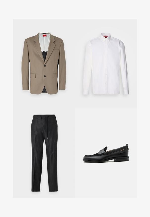 Blazer marrón hecho de tejido texturizado, con un diseño de un solo botón, dos bolsillos frontales y solapas con muesca. Forro en colores contrastantes.; Camisa blanca de manga larga hecha de algodón, con un collar clásico, placket frontal con botones y una textura suave. Detalle interior del collar en rojo.; Pantalones negros de rayas finas hechos de una tela elegante, con una cómoda cinturilla elástica y detalles de cordón. Presentan un discreto logotipo.; Mocasín de cuero negro con detalle de tira gris, tacón bajo y suela texturizada, con la marca "HUGO" en oro en el lateral.