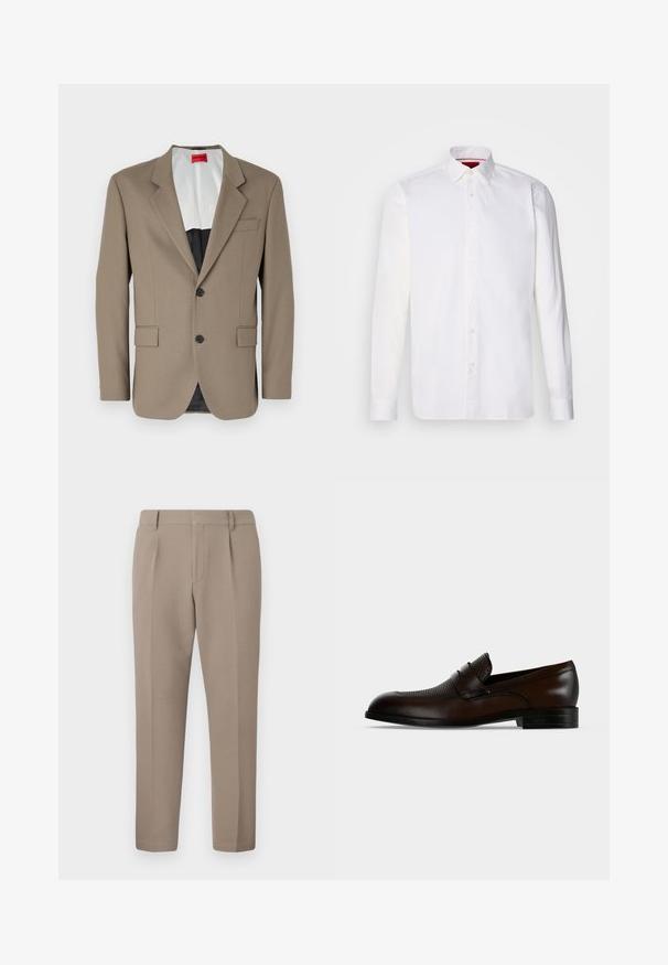 Blazer marron en tissu texturé, doté d'une coupe à un bouton, de deux poches avant et d'un revers cranté. Doublure aux couleurs contrastées.; Chemise blanche à manches longues en coton, avec un col classique, une patte de boutonnage à l'avant et une texture lisse. Détail rouge à l'intérieur du col.; Pantalon en tissu marron clair avec une texture lisse, présentant un design ajusté, des plis à l'avant et une coupe slim, s'arrêtant aux chevilles.; Mocassin homme en cuir marron foncé avec dessus texturé et petit talon noir sur fond uni gris clair.