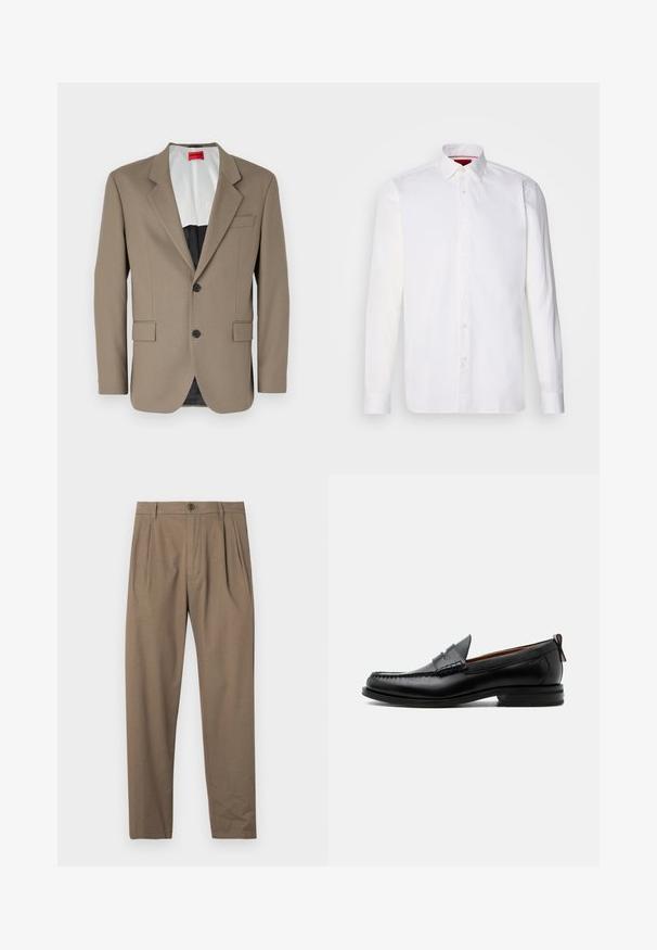 Blazer marron en tissu texturé, doté d'une coupe à un bouton, de deux poches avant et d'un revers cranté. Doublure aux couleurs contrastées.; Chemise blanche à manches longues en coton, avec un col classique, une patte de boutonnage à l'avant et une texture lisse. Détail rouge à l'intérieur du col.; Pantalons plissés marron en tissu doux, dotés d'une fermeture éclair et d'un bouton à l'avant, avec une coupe droite et une texture lisse.; Mocassin homme en cuir noir avec couture moc toe, bride penny, col texturé et petit talon empilé sur fond blanc.