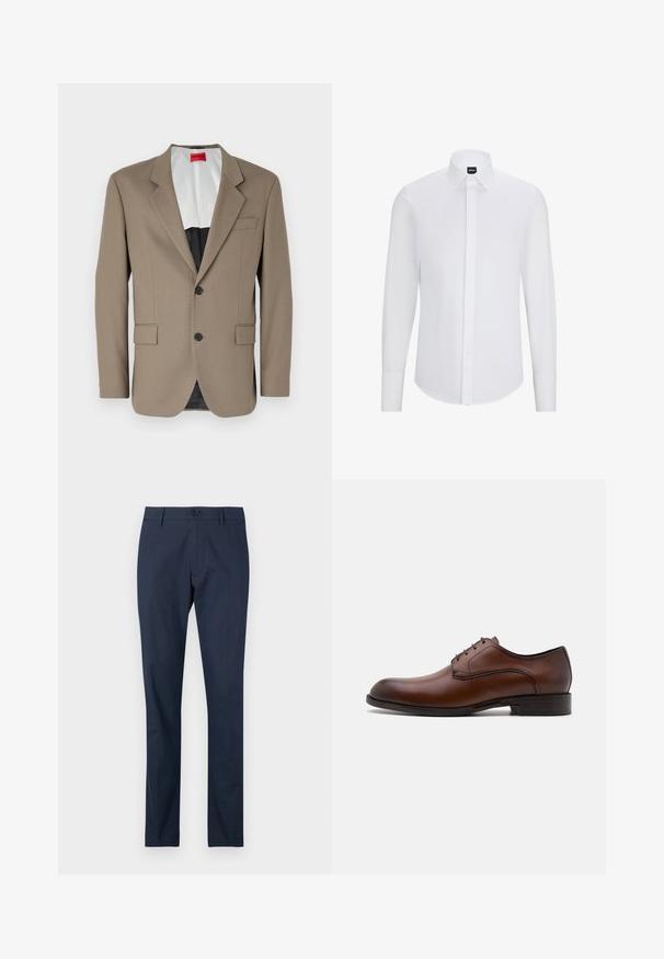 Blazer marron en tissu texturé, doté d'une coupe à un bouton, de deux poches avant et d'un revers cranté. Doublure aux couleurs contrastées.; Chemise blanc à manches longues avec col pointu, en tissu lisse, comportant une patte de boutonnage à l'avant et un ourlet arrondi.; Pantalons bleu marine à devant plat, design à jambe droite, avec une fermeture à un bouton à la taille. Tissu lisse sans motifs visibles.; Chaussure habillée en cuir marron au design élégant, à bout rond, avec un laçage à cinq œillets et un petit talon empilé. Présente des coutures discrètes.
