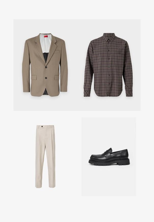 Brun blazer lavet af tekstureret stof, med en enkelt knap, to forlommer og en skrå krave. Foring i kontrastfarver.; Langærmet flannel skjorte i mørkegrøn, med et ternet mønster med lyserøde og hvide linjer, knaplukning og en enkelt brystlomme.; Beige skræddersyede bukser med lige ben-design, der har frontplisseringer, knaplukning og en glat tekstur.; Sort læderloafer med tyk rillede sål og penny-remdetalje, vist i højre sideprofil på hvid baggrund.