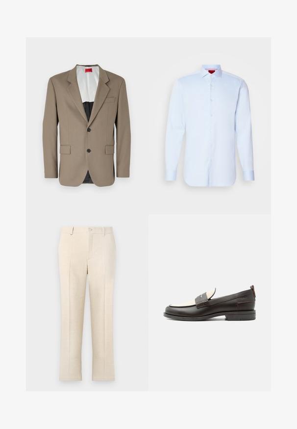 Bruine blazer gemaakt van gestructureerde stof, met een enkele rij knopen, twee voorzakken en een gelobde revers. Voering in contrasterende kleuren.; Lichtblauwe overhemd met lange mouwen, knoopsluiting en een spreidkraag, afgeronde onderkant en witte knopen. Glad stof met een subtiele glans.; Beige op maat gemaakte broek met een gestructureerde stof, voorzien van een ritssluiting, twee voorkruiszakken en een smal, recht model.; Donkerbruine leren herenloafer met crèmekleurig stoffen paneel en klassiek doorgestikt riemdetail, platte zool en trekhaak bij de hak.