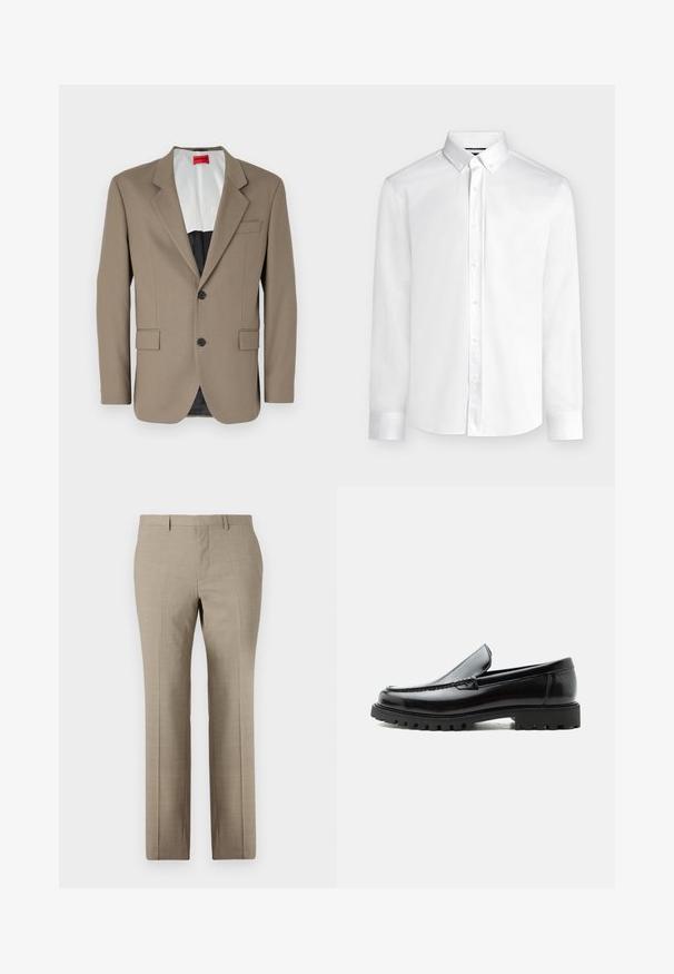 Blazer marron en tissu texturé, doté d'une coupe à un bouton, de deux poches avant et d'un revers cranté. Doublure aux couleurs contrastées.; Chemise blanche à manches longues avec boutons, col boutonné et poignets standards, présentée sur un fond gris clair uni.; Pantalons beige sur mesure avec une texture lisse, design à jambe droite, motif à carreaux subtil et devant plat. Deux poches arrière incluses.; Mocassin en cuir noir avec semelle en caoutchouc épaisse, dessus cousu et nom de marque embossé sur le talon, présenté de profil sur fond blanc.