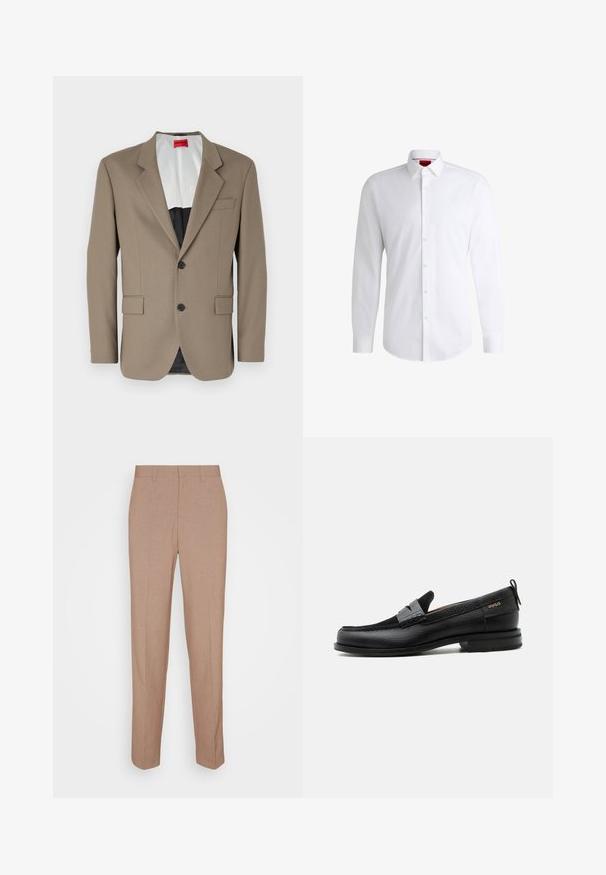 Brauner Blazer aus strukturiertem Stoff, mit einem einreihigen Design, zwei frontalen Taschen und einem geschlitzten Revers. Futter in kontrastierenden Farben.; Weißes Herrenhemd aus glattem Stoff mit klassischem Kragen, langen Ärmeln und abgerundetem Saum. Mit eleganten beigen Knöpfen an der Vorderseite.; Beige, maßgeschneiderte Hose aus glattem, strukturiertem Stoff. Gerade Passform mit Bund, ohne sichtbare Verzierungen oder Taschen.; Schwarzer Lederloafer mit grauem Riemendetail, niedrigem Absatz und strukturierter Sohle, seitlich mit „HUGO“ in Gold gebrandmarkt.