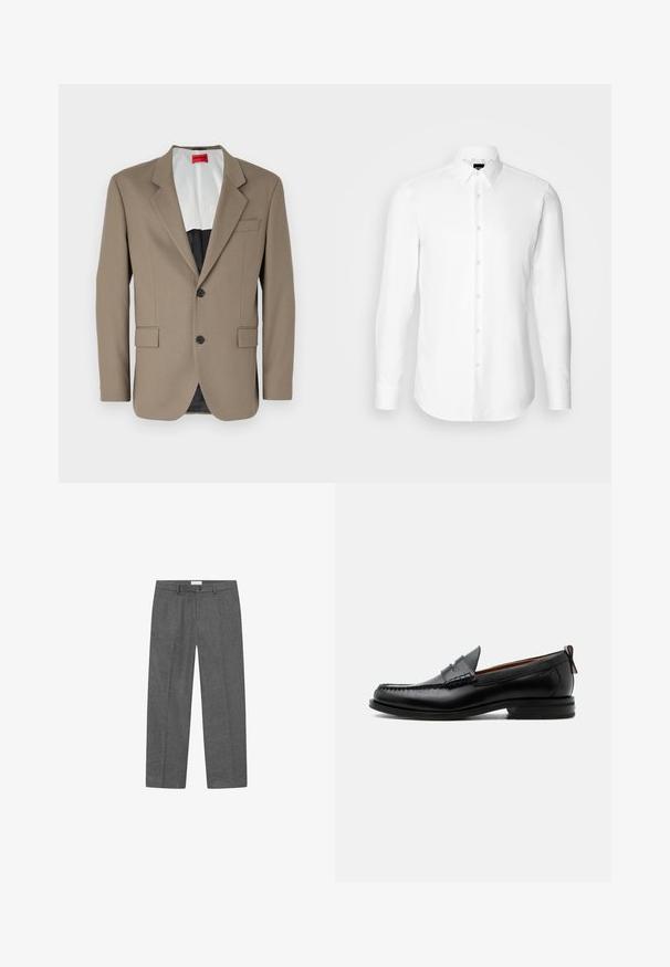 Blazer marron en tissu texturé, doté d'une coupe à un bouton, de deux poches avant et d'un revers cranté. Doublure aux couleurs contrastées.; Chemise blanche à manches longues, boutonnée sur le devant, col classique, fabriquée en tissu lisse avec une texture subtile, conçue pour une coupe ajustée.; Pantalons en mélange de laine gris avec une coupe droite, dotés d'une fermeture à bouton et d'un pli soigné sur le devant. Texture lisse.; Mocassin homme en cuir noir avec couture moc toe, bride penny, col texturé et petit talon empilé sur fond blanc.