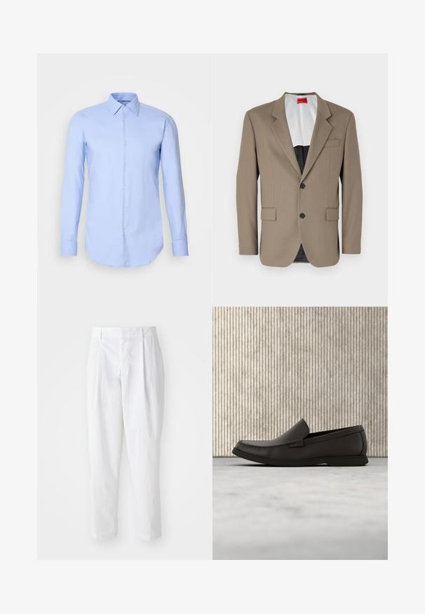 Blazer marron en tissu texturé, doté d'une coupe à un bouton, de deux poches avant et d'un revers cranté. Doublure aux couleurs contrastées.; Chemise à manches longues bleu clair en coton, dotée d'un devant à boutons, d'un col et d'un ourlet arrondi. Texture lisse sans motifs.; Pantalons plissés blancs à taille haute et longueur cropped, avec une texture lisse et des lignes épurées. Pas de matériel visible ni de motifs.; Mocassin en cuir marron foncé sans lacets avec semelle blanche en caoutchouc et détails cousus, présenté de profil sur un fond neutre.