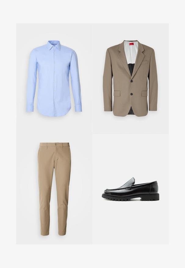 Blazer marron en tissu texturé, doté d'une coupe à un bouton, de deux poches avant et d'un revers cranté. Doublure aux couleurs contrastées.; Chemise à manches longues bleu clair en coton, dotée d'un devant à boutons, d'un col et d'un ourlet arrondi. Texture lisse sans motifs.; Pantalons beiges en tissu lisse avec une coupe droite, dotés d'une fermeture à bouton et de poches avant, accompagnés de passants de ceinture.; Mocassin en cuir noir avec semelle en caoutchouc épaisse, dessus cousu et nom de marque embossé sur le talon, présenté de profil sur fond blanc.