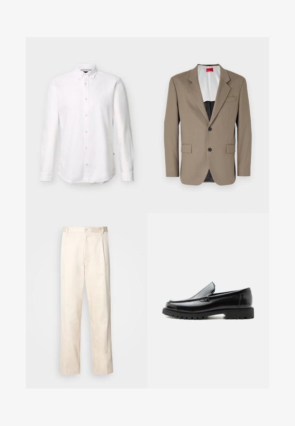 Blazer marron en tissu texturé, doté d'une coupe à un bouton, de deux poches avant et d'un revers cranté. Doublure aux couleurs contrastées.; Chemise blanche à manches longues avec col boutonné et petit logo brodé sur la poitrine gauche.; Pantalon en coton beige avec une coupe droite, présentant une fermeture à bouton et des plis sur le devant pour plus de détails.; Mocassin en cuir noir avec semelle en caoutchouc épaisse, dessus cousu et nom de marque embossé sur le talon, présenté de profil sur fond blanc.
