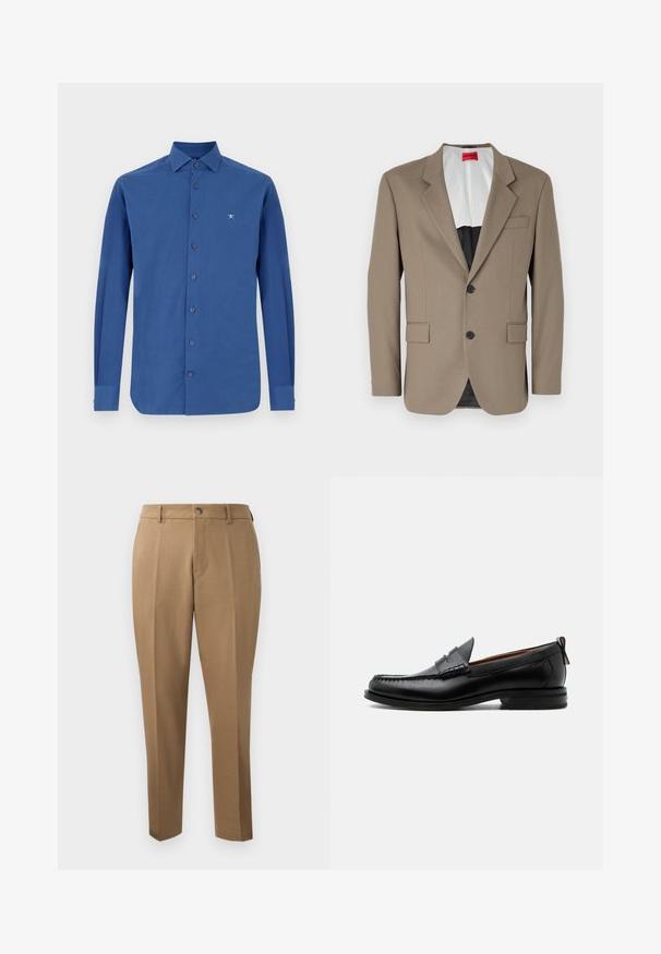 Blazer marrón hecho de tejido texturizado, con un diseño de un solo botón, dos bolsillos frontales y solapas con muesca. Forro en colores contrastantes.; Camisa azul de manga larga hecha de algodón, con un cierre frontal de botones, un cuello clásico y un sutil bordado del logo en el pecho.; Pantalones marrones a medida con corte recto, pinzas simples, trabillas para cinturón y cierre frontal con botón. Tela suave con una textura mate.; Mocasín de hombre de piel negra con costura moc toe, tira penny, cuello texturizado y tacón bajo apilado sobre fondo blanco.