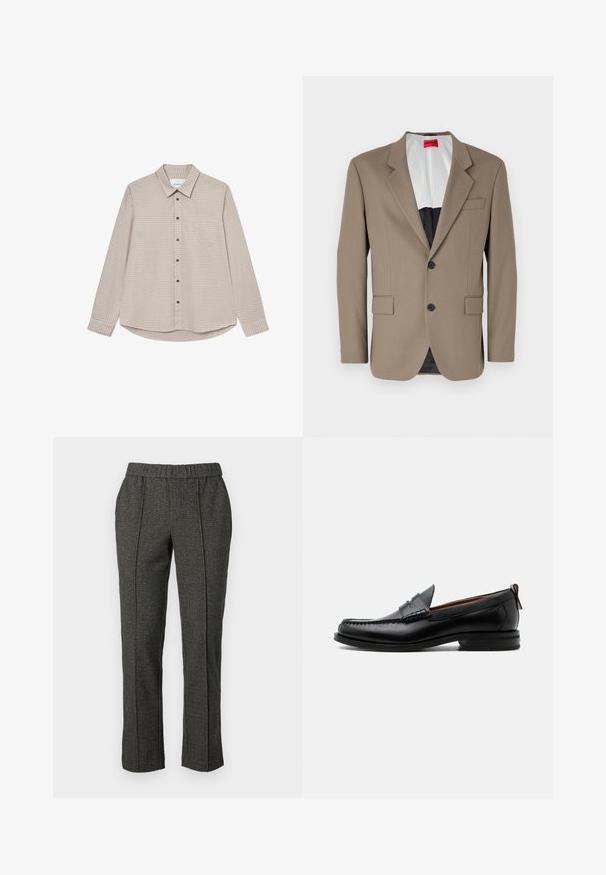 Bruine blazer gemaakt van gestructureerde stof, met een enkele rij knopen, twee voorzakken en een gelobde revers. Voering in contrasterende kleuren.; Bruine en beige geruite lange mouwen overhemd met een button-down kraag, een borstzakje en bruine knopen, met een gebogen zoom.; Grijze op maat gemaakte broek van een textuurstof, met een elastische tailleband, rechte pijpen en voornaaddetails.; Zwarte leren herensloffen met moc toe stiksel, pennyriem, gestructureerde kraag en lage gestapelde hak op witte achtergrond.